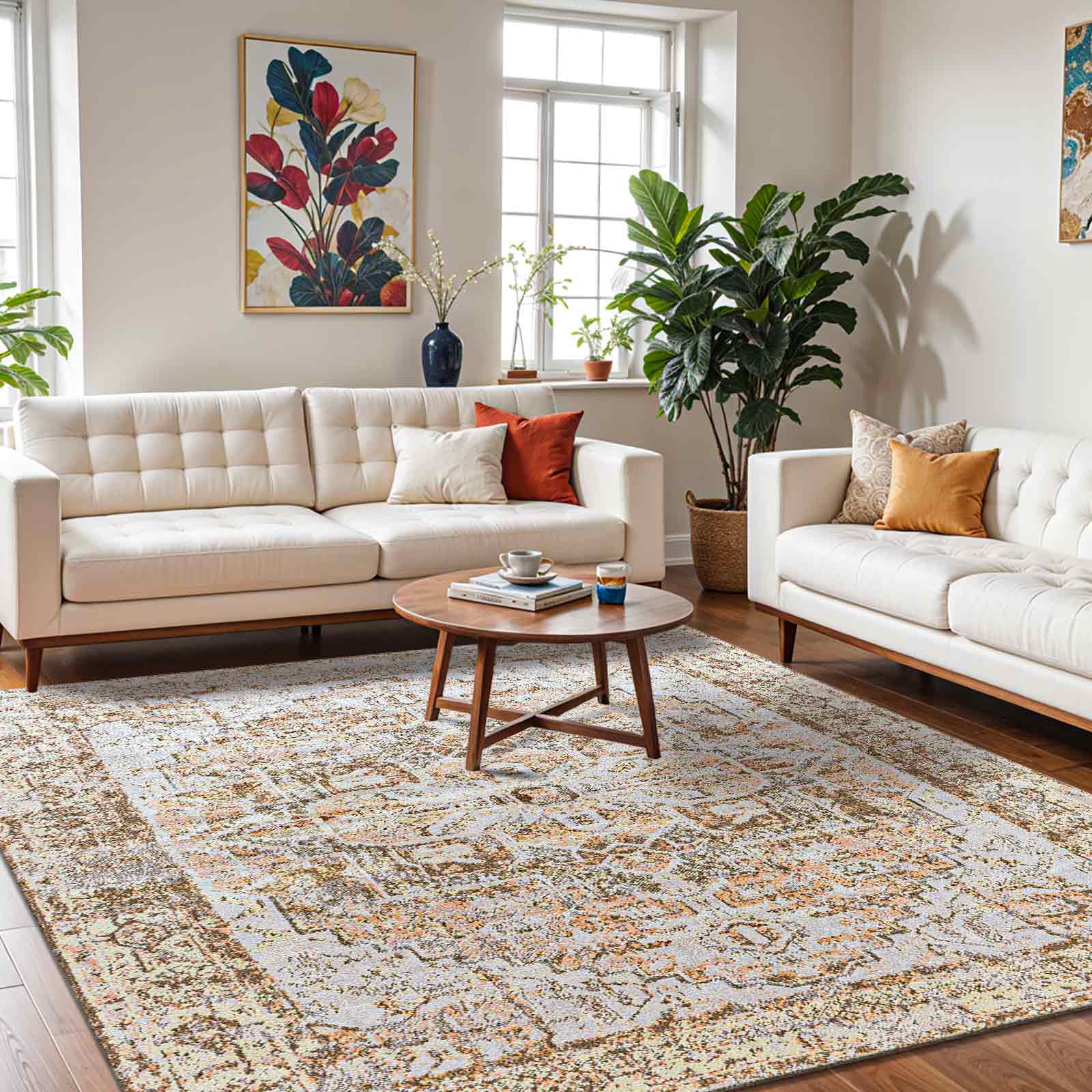 VIVIAN RIDGE Machine Washable Oriental Boho Clay/Dark Brown Area Rug