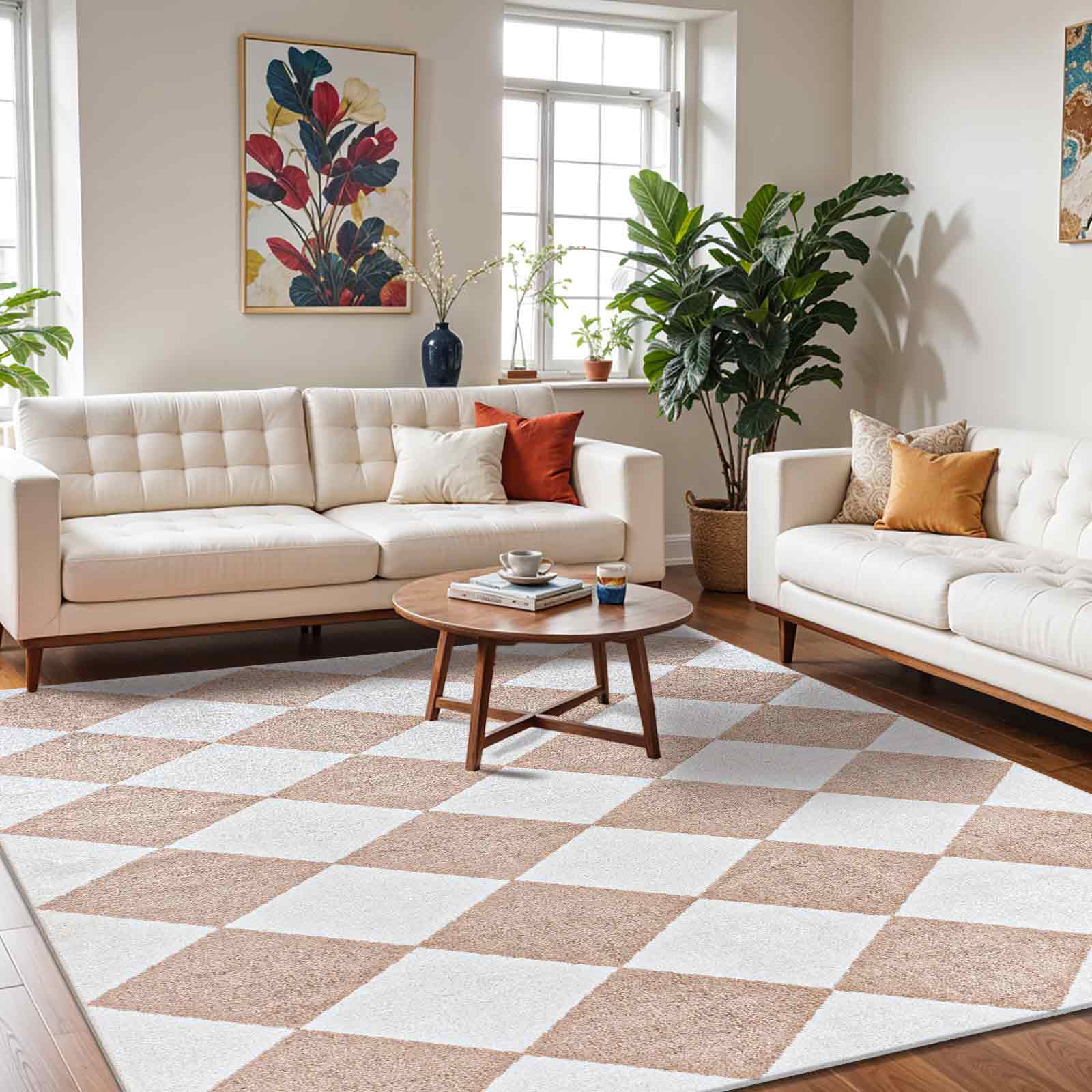 GHISLAINE Machine Washable Modern Boho Diamond Light Brown Area Rug