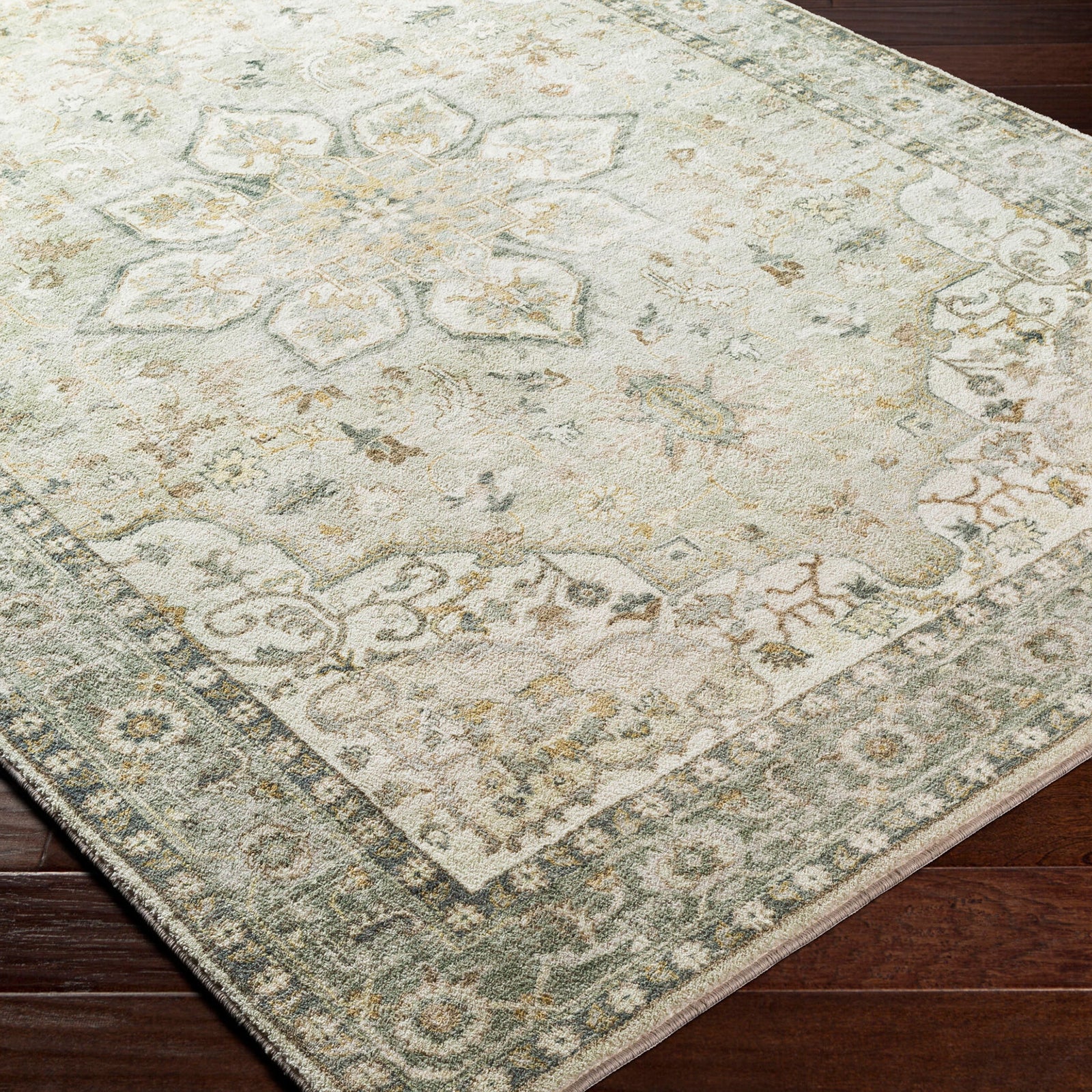 Erin Traditional Green Grey Cream Brown Traditional Boho Living Rug