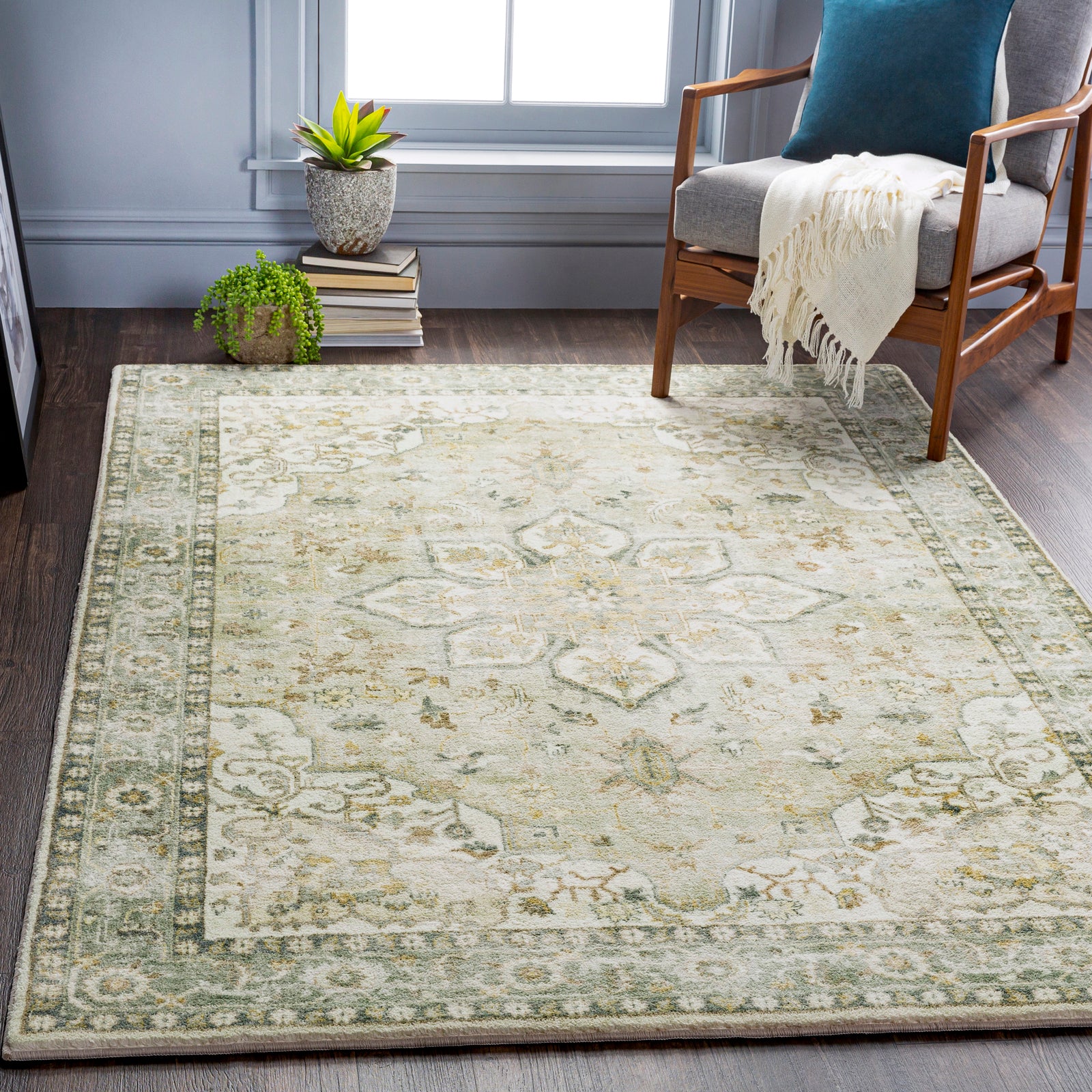Erin Traditional Green Grey Cream Brown Traditional Boho Living Rug
