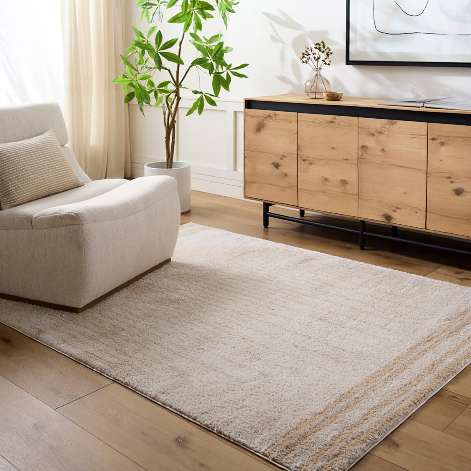 ENSO3 Machine Washable Modern Shaggy Beige Area Rug
