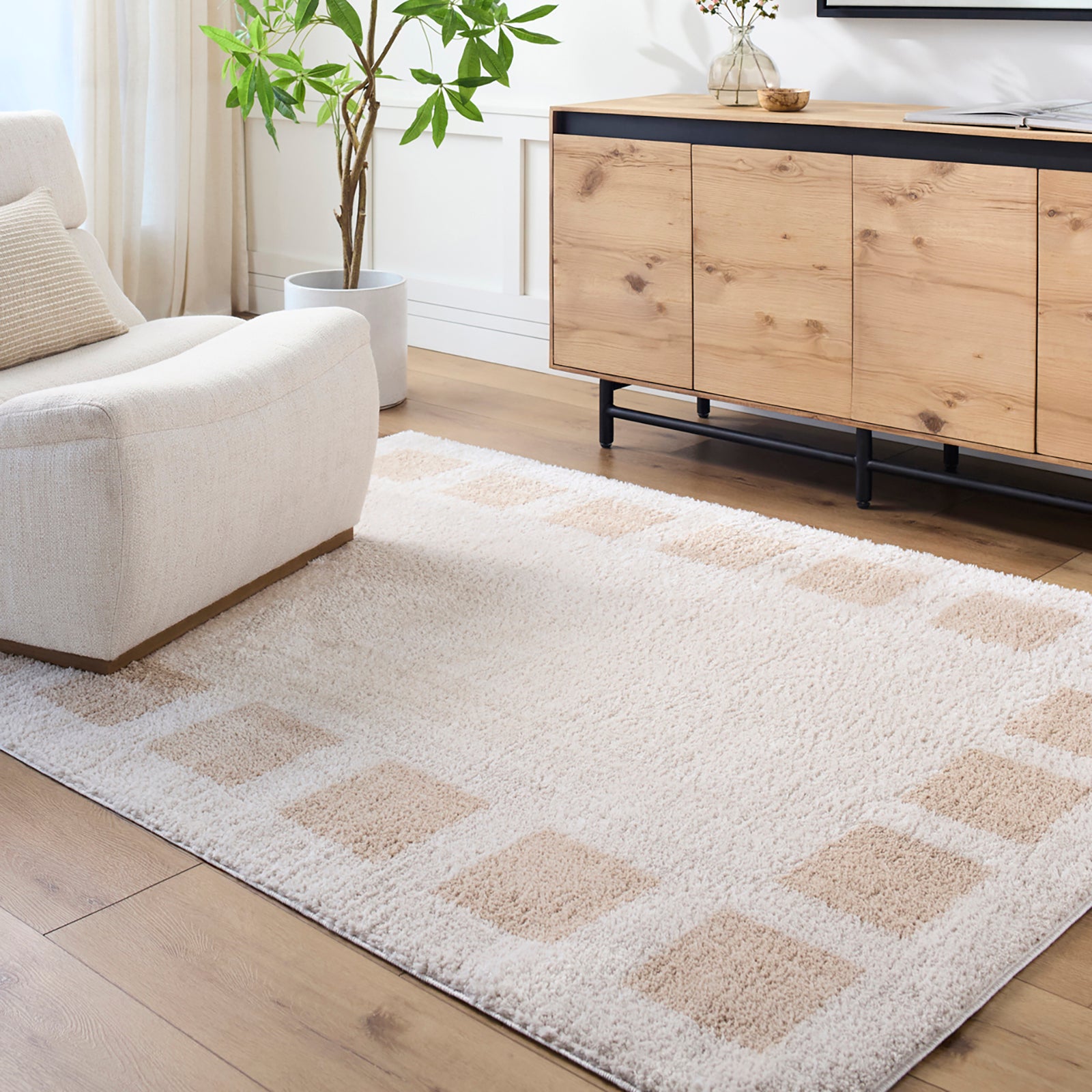 AMINE Machine Washable Modern Shaggy Beige Area Rug