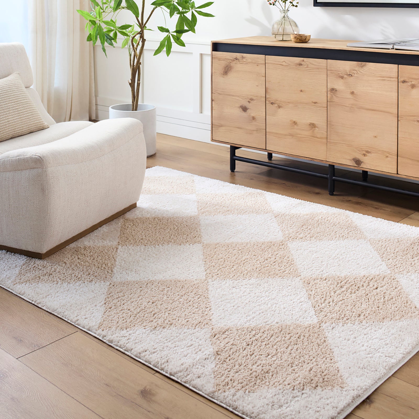DELINE Machine Washable Modern Shaggy Beige Area Rug
