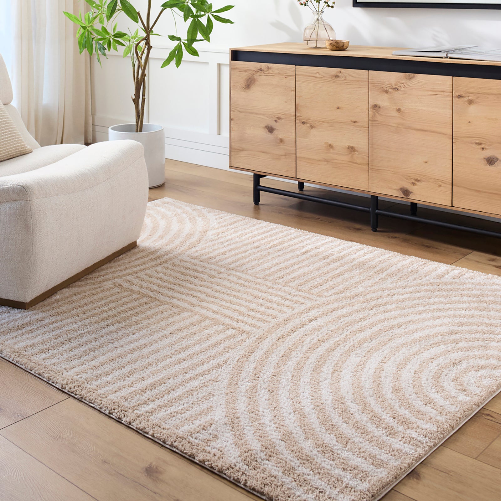 PAULINE Machine Washable Modern Shaggy Beige Area Rug