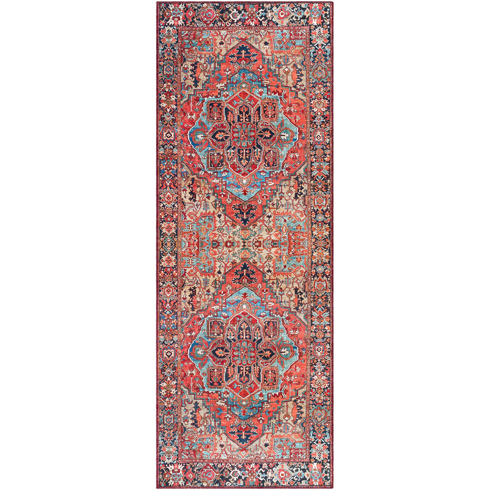 Vintage Traditional Oriental Boho Bright Red/Navy/Wheat/Ice Blue/Grass Rug