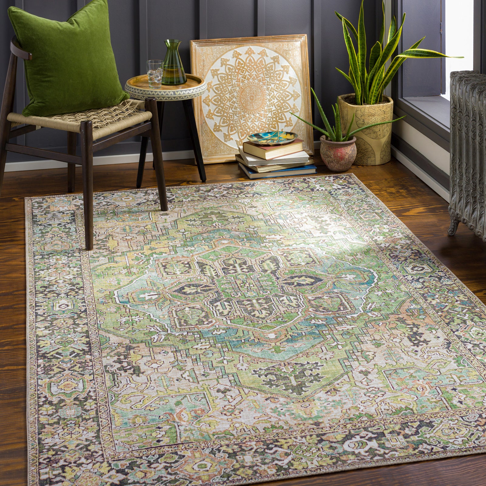 VIORRICA Vintage Oriental Boho Dark Green Runner Rug