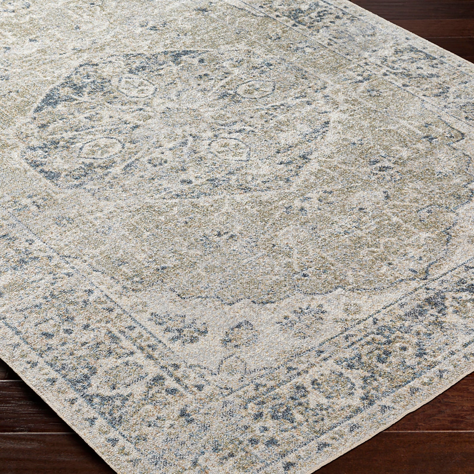 Machine Washable Traditionnal Boho Olive/Dark Blue Rug