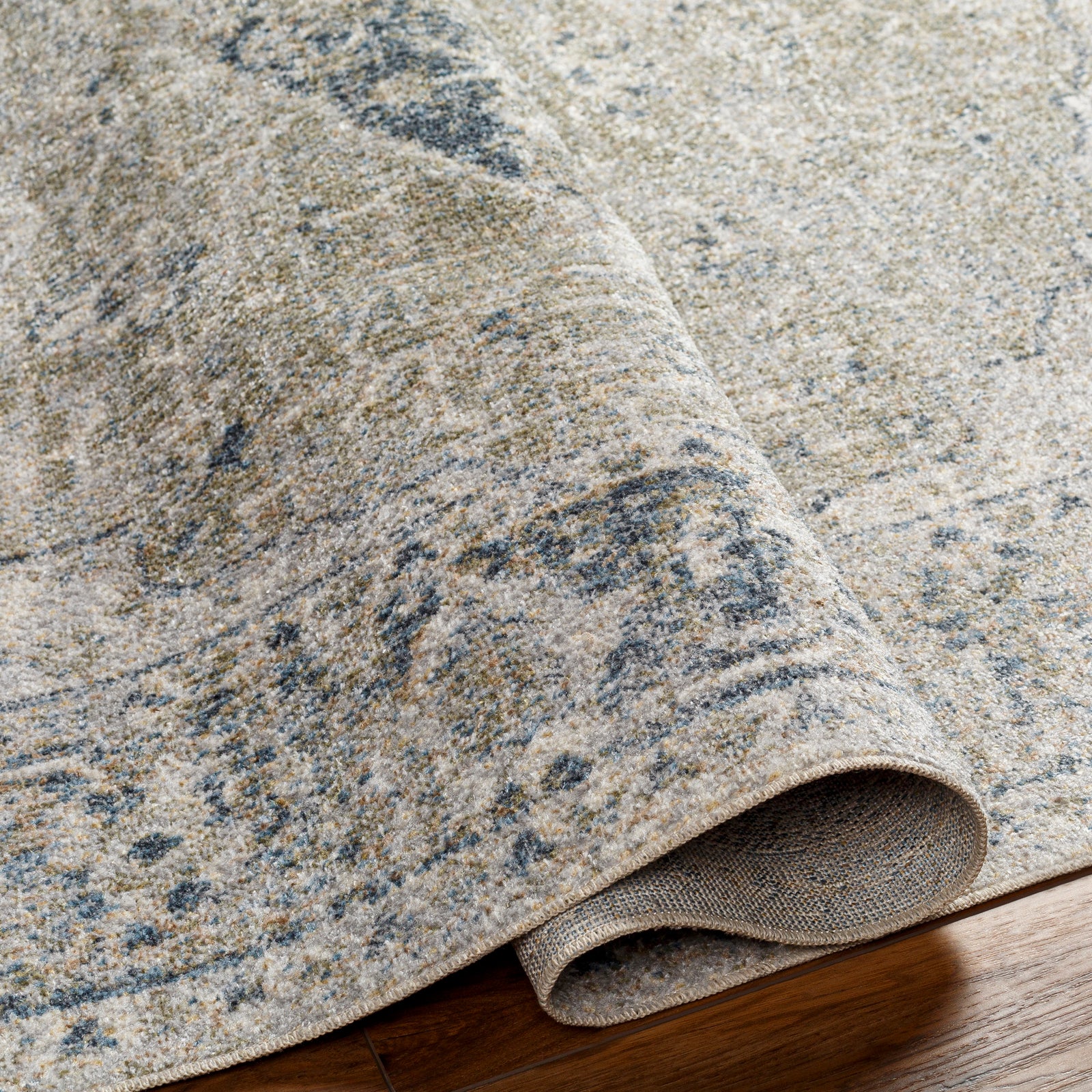 Machine Washable Traditionnal Boho Olive/Dark Blue Rug