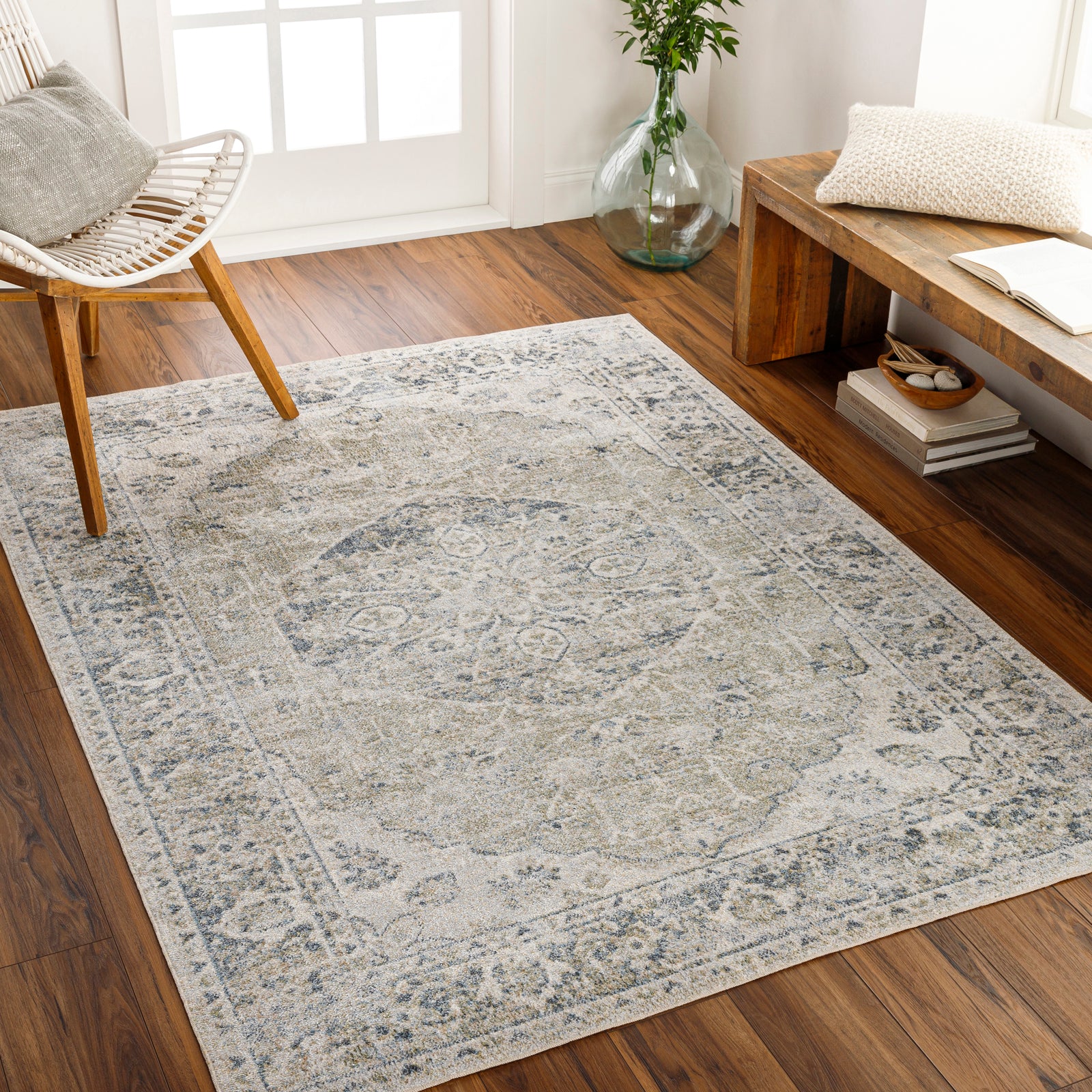 Machine Washable Traditionnal Boho Olive/Dark Blue Rug