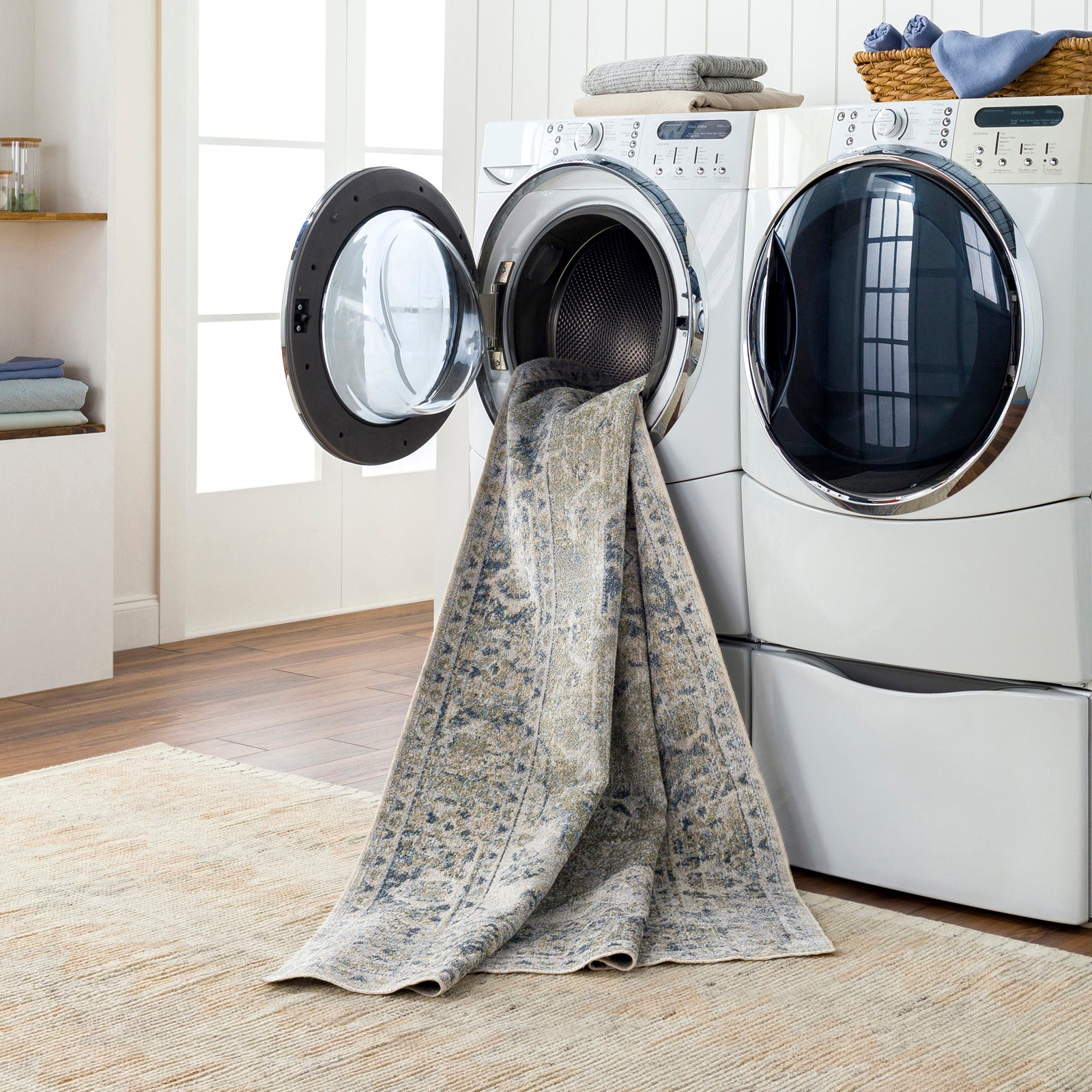 Machine Washable Traditionnal Boho Olive/Dark Blue Rug