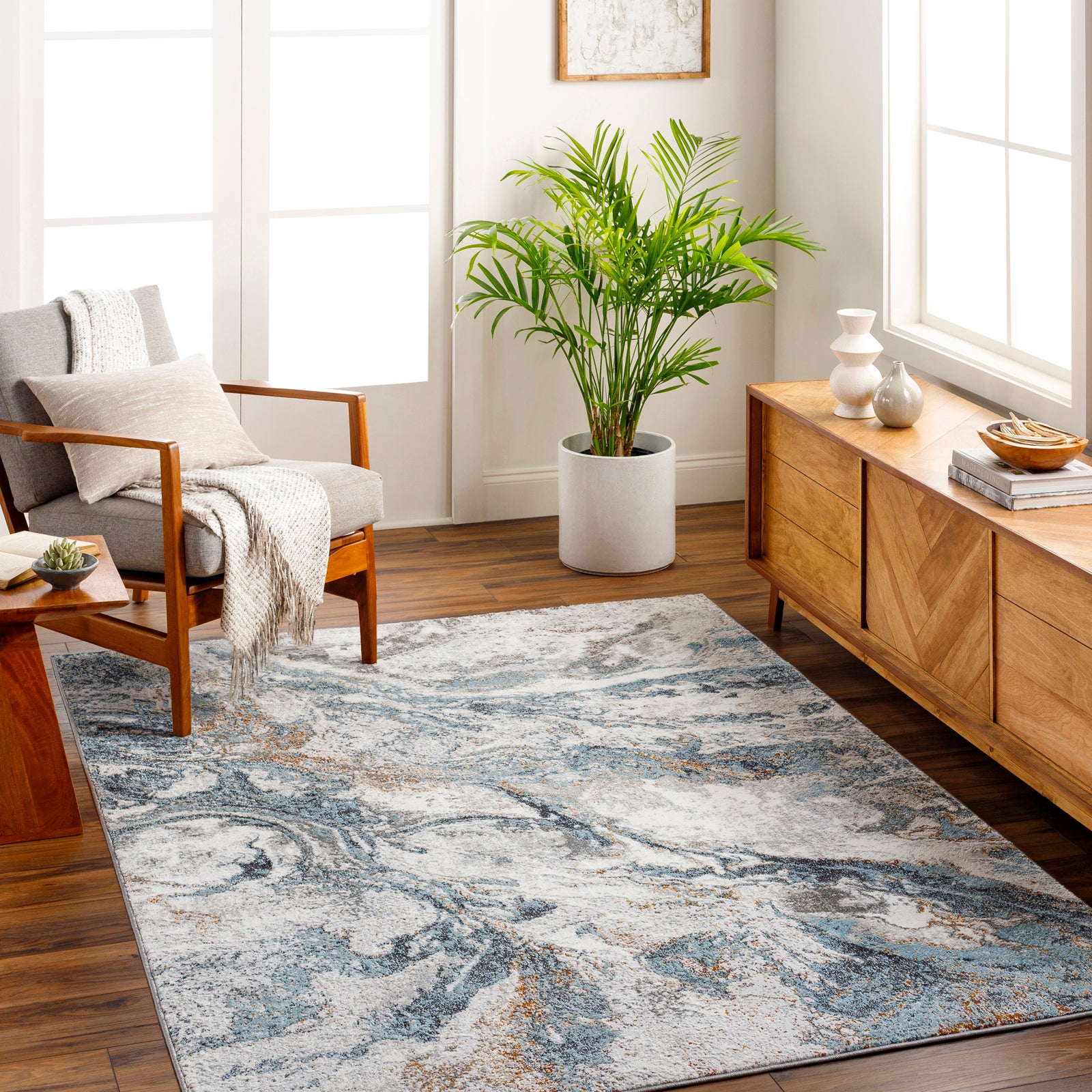 TENITA Abstract Modern Marble Sky Blue Area Rug