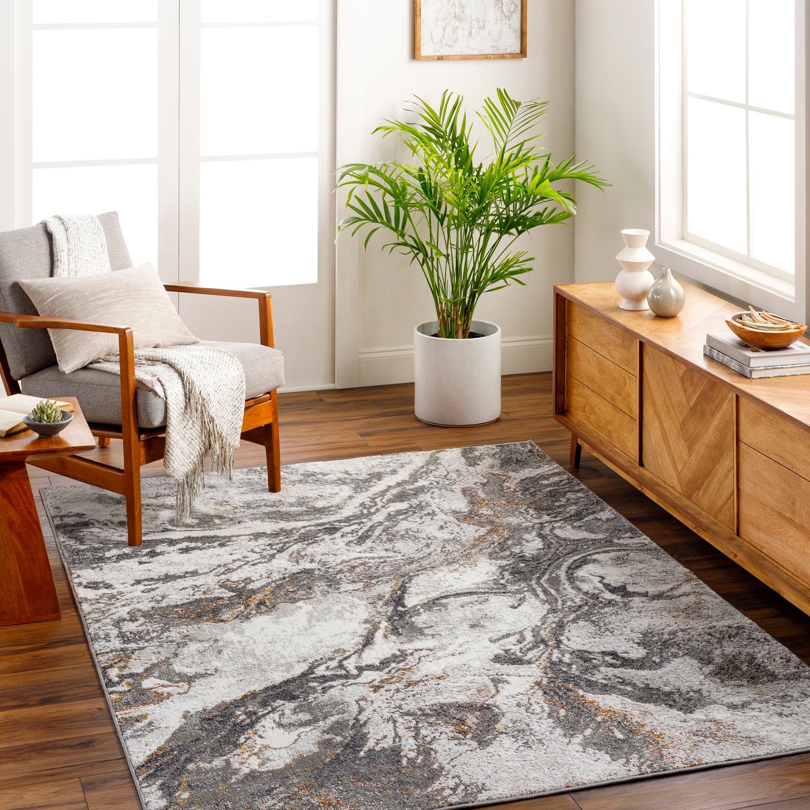 TENITA Abstract Modern Marble Dark Brown/Charcoal Area Rug