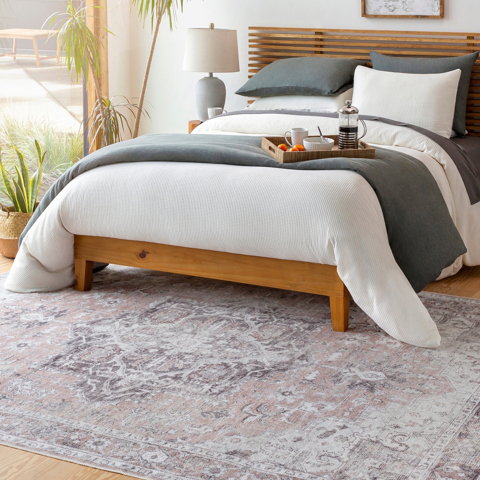 Tahmis Wahshable Beige Charcoal Grey Traditional Vintage Boho Rug