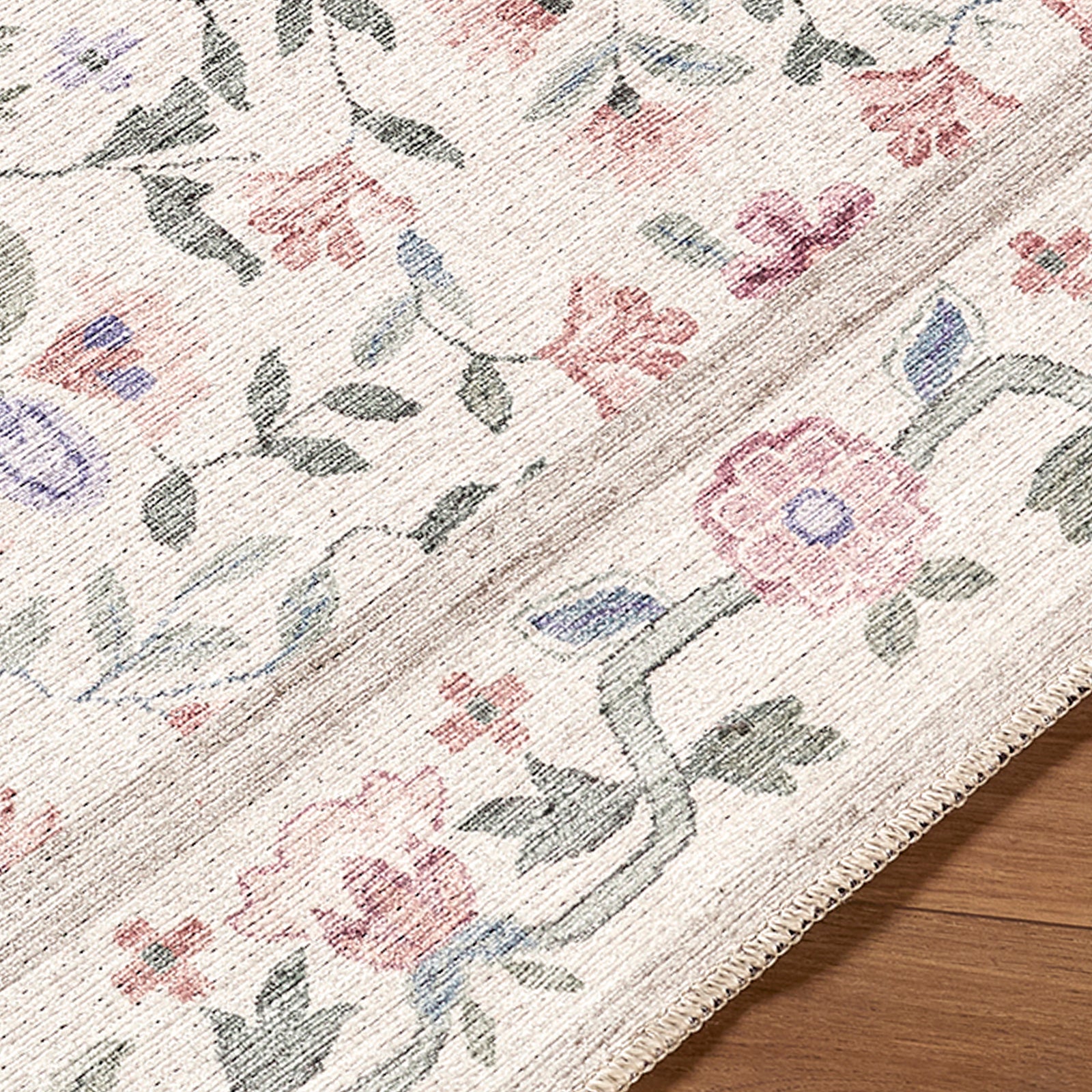 Thistle Washable White Pink Green Blue Modern Floral Living Dining Rug