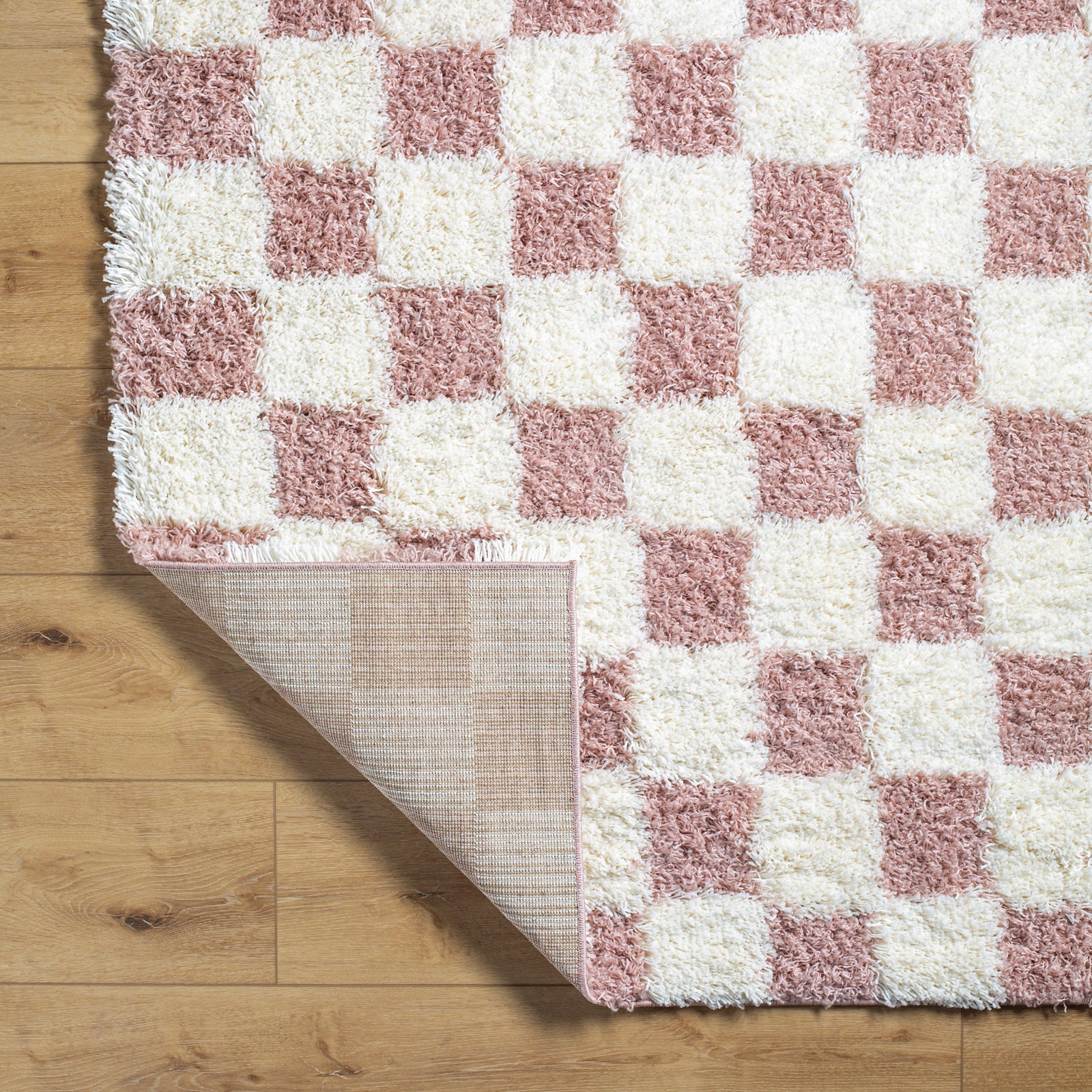 Shaggy Modern Plush Pile Dusty Pink Checkered Rug