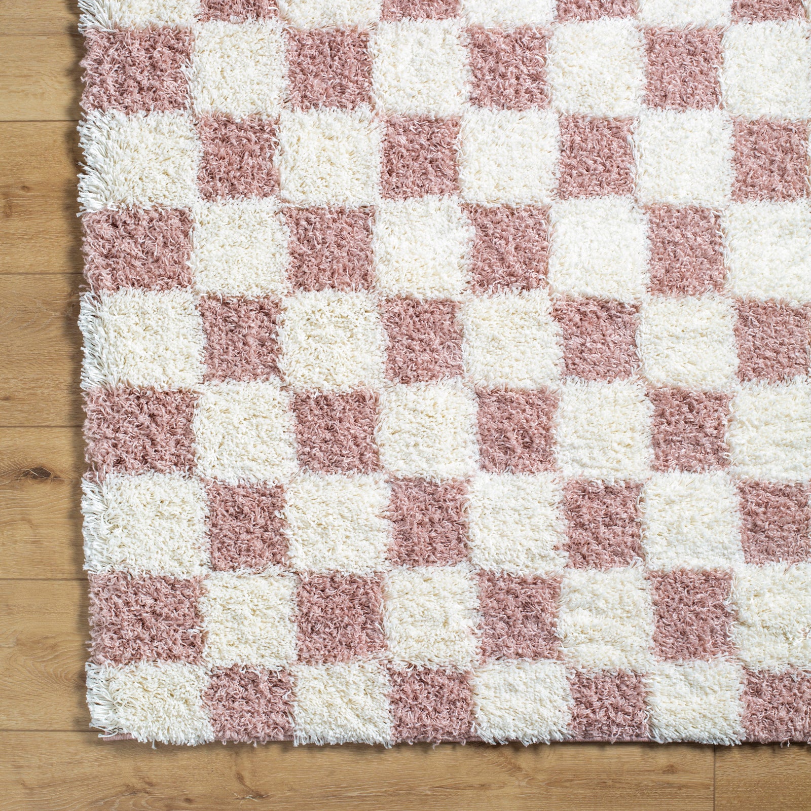Shaggy Modern Plush Pile Dusty Pink Checkered Rug