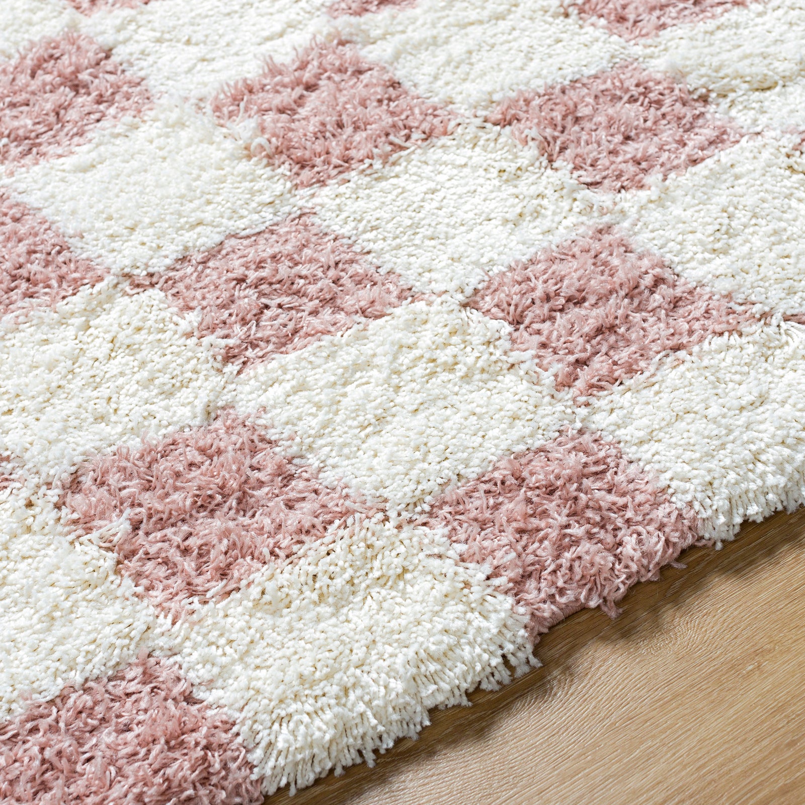 Shaggy Modern Plush Pile Dusty Pink Checkered Rug