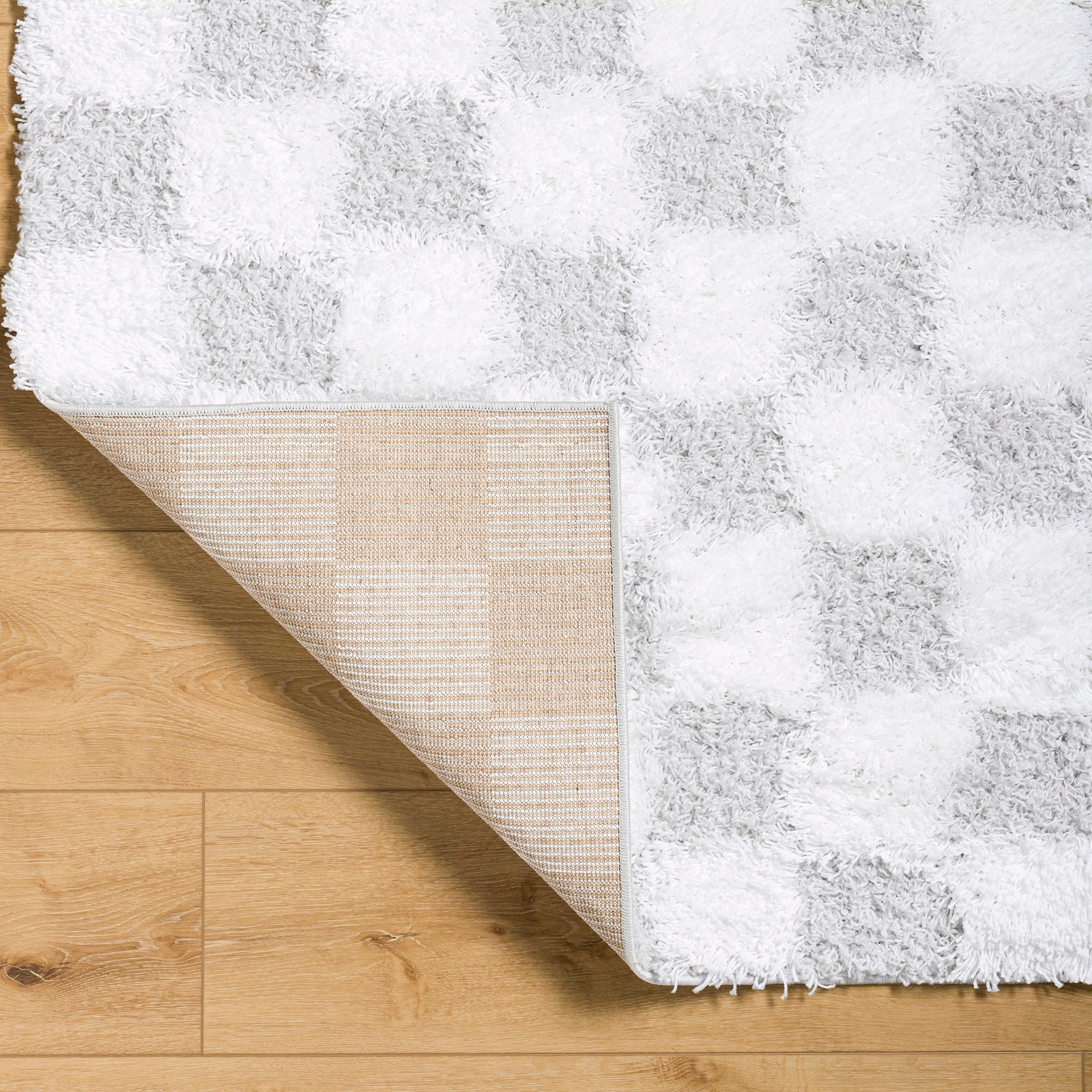 WILLA Shaggy Modern Plush Pile Light Grey Checkered Runner Rug