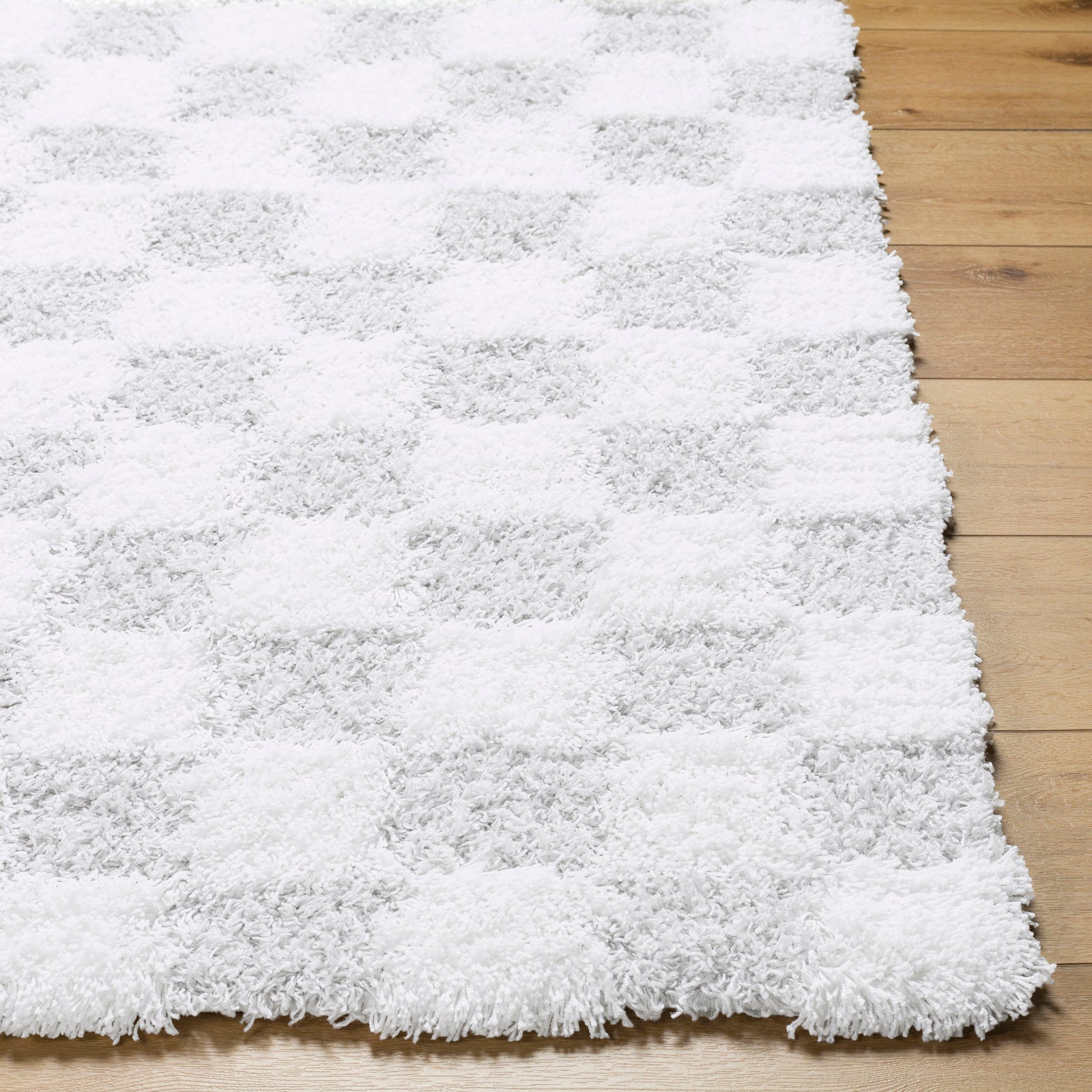 WILLA Shaggy Modern Plush Pile Light Grey Checkered Runner Rug