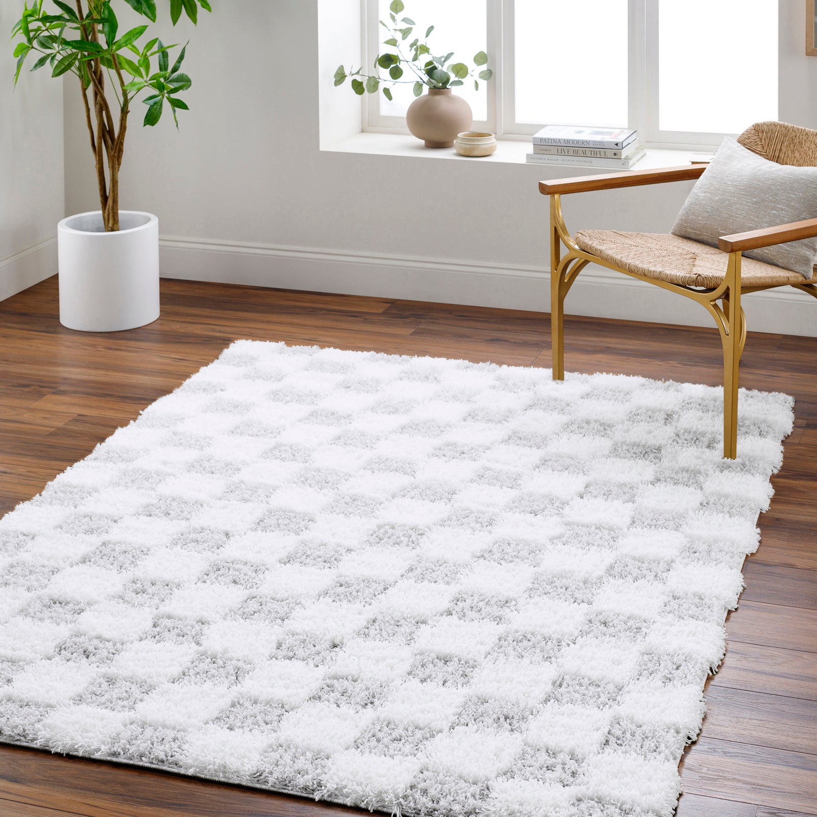 WILLA Shaggy Modern Plush Pile Light Grey Checkered Runner Rug