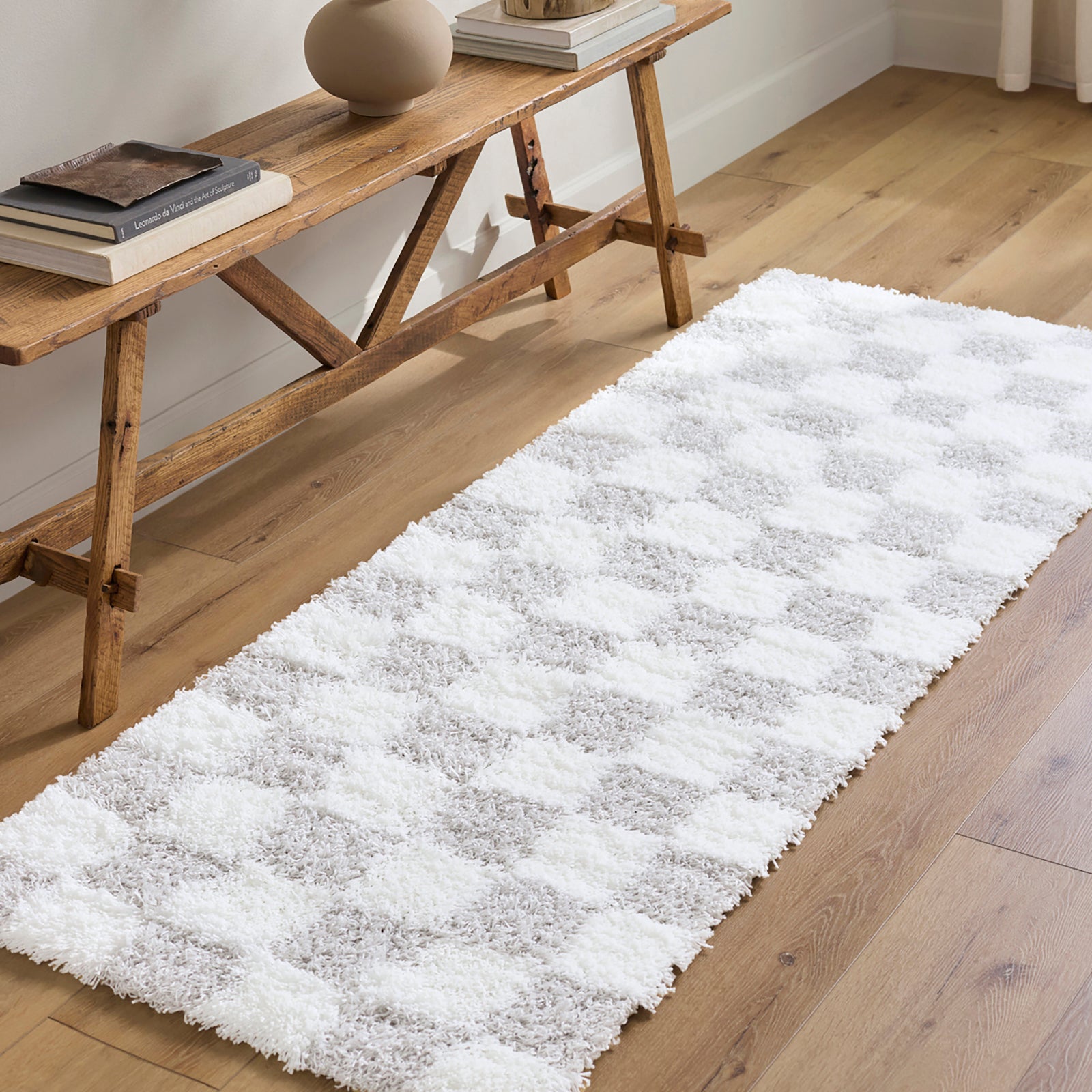 WILLA Shaggy Modern Plush Pile Light Grey Checkered Runner Rug