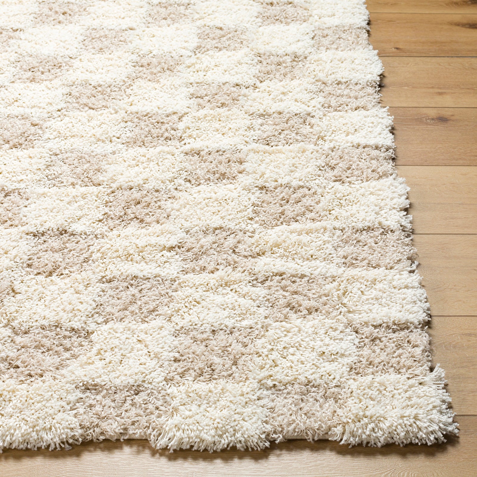 WILLA Shaggy Modern Plush Pile Light Beige Checkered Runner Rug
