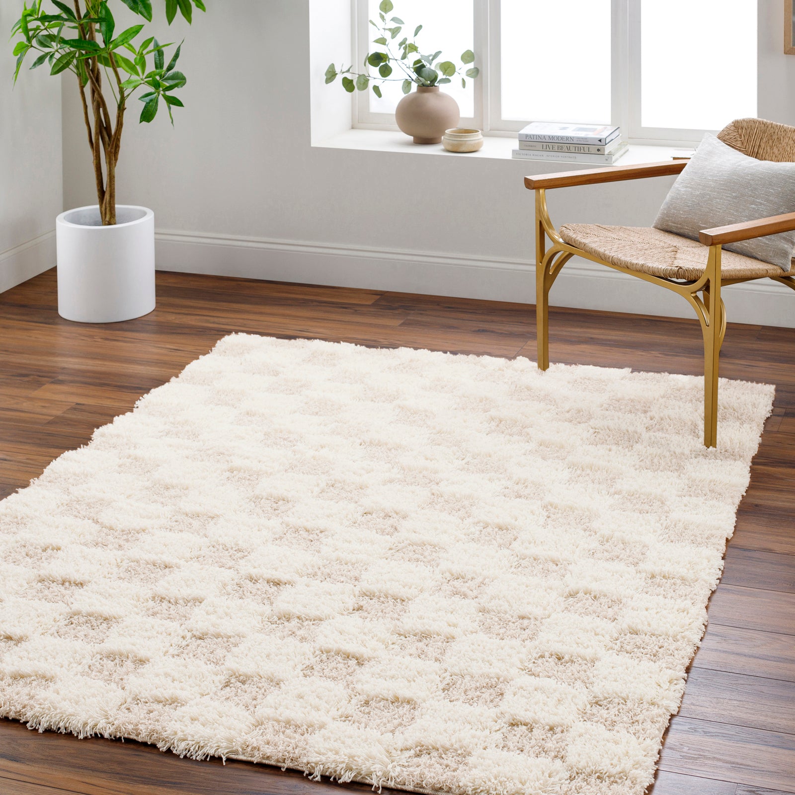 WILLA Shaggy Modern Plush Pile Light Beige Checkered Runner Rug