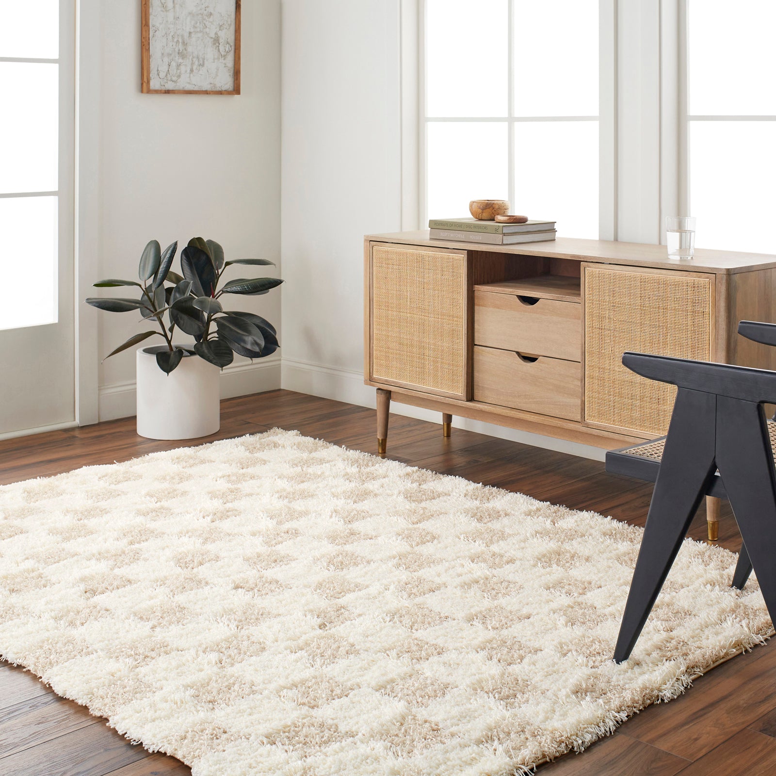 WILLA Shaggy Modern Plush Pile Light Beige Checkered Runner Rug