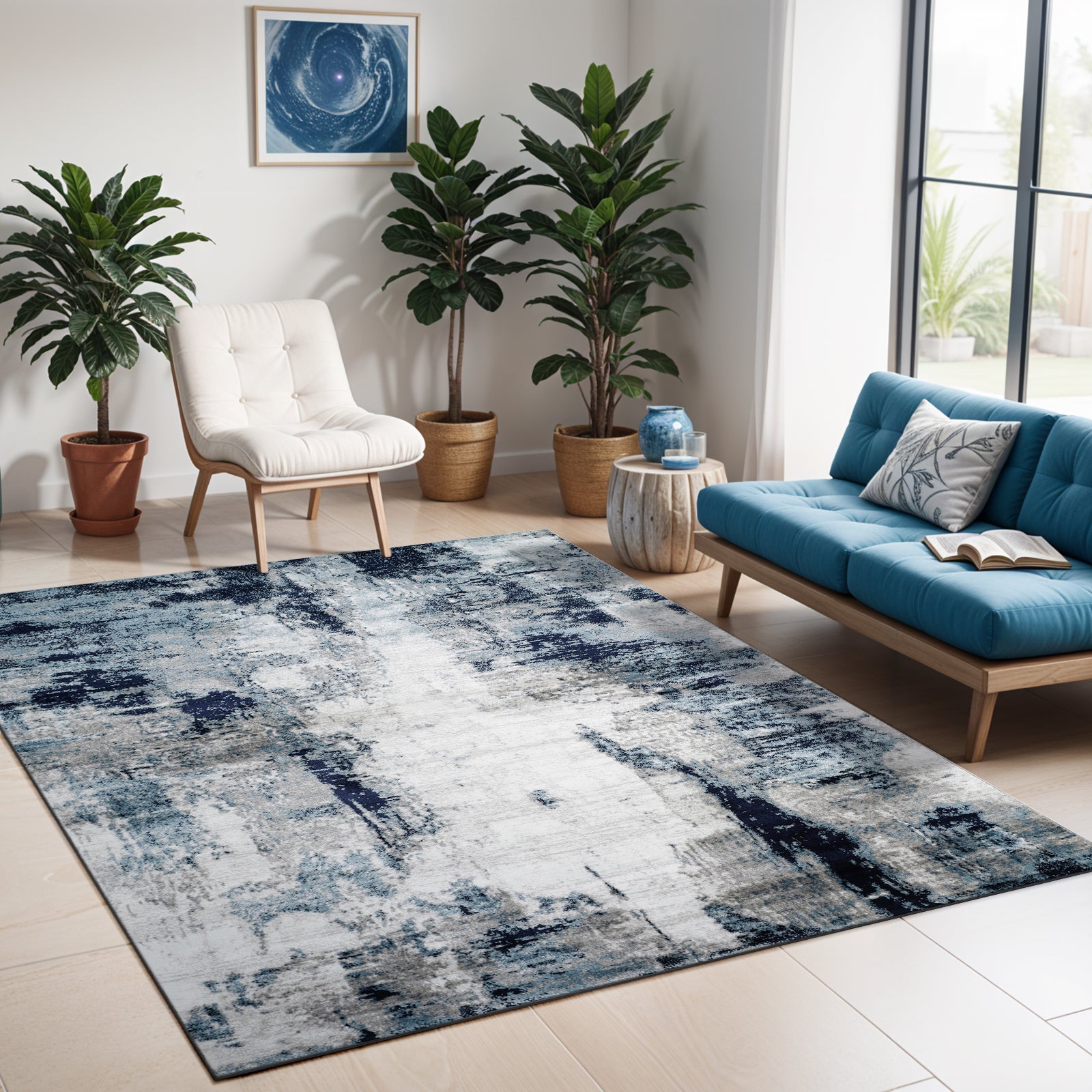 GIULIA Abstract Modern Marble Aqua/Navy Area Rug