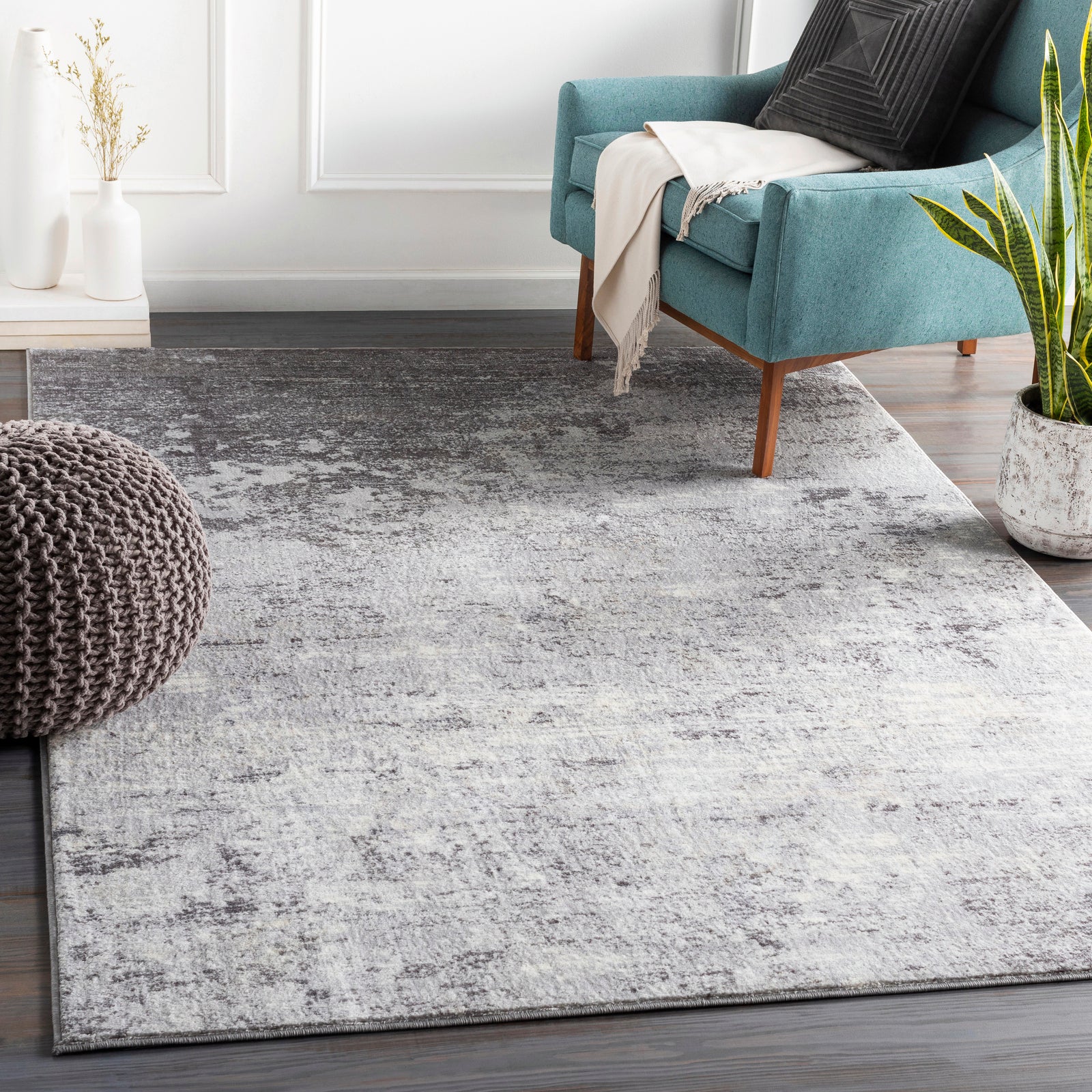 FIONA ROBERT Abstract Modern Marble Silver Grey Area Rug